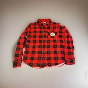 Magellan Shirt Mens Med Red Black Flannel Button Up Shiner Bock Beer Check Plaid